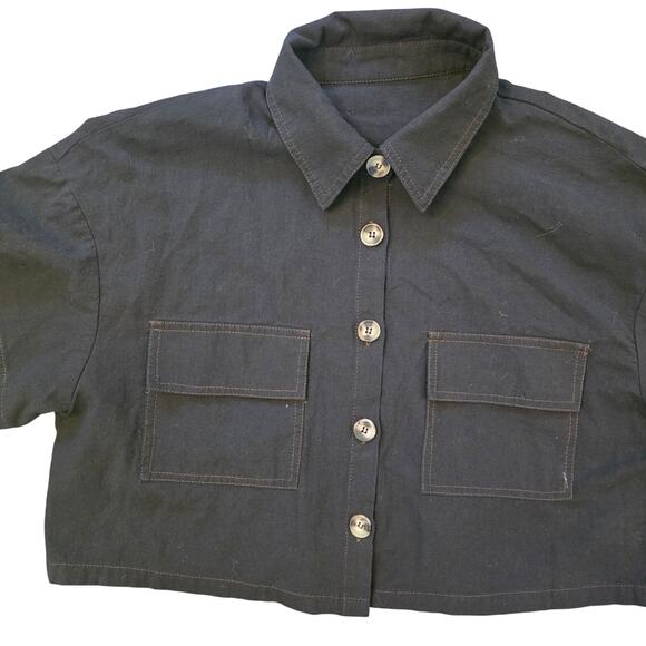 Black Cotton two piece short and collared buttoned top summer set - Picture 2 of 10